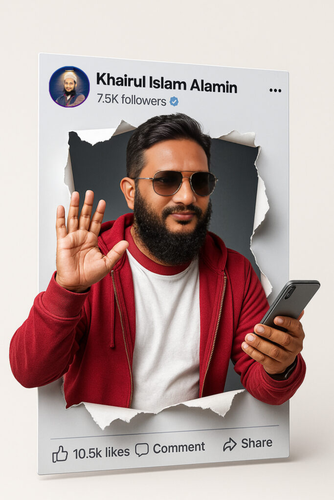 সামাজিক যোগাযোগ মাধ্যমে ব্যবহারের জন্য এ আই দ্বারা তৈরি সাংবাদিক খাইরুল ইসলাম আল আমিন এর ছবি